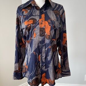 Wrangler size medium made in U.S.A. snap front shirt floral navy orange western